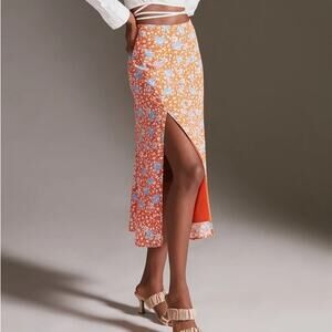 Anthropologie Maeve Lille Floral Side Slit Midi Skirt Size 0 Orange